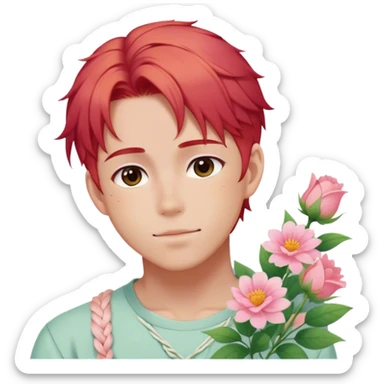 Gorgeous pastel red hair with a thin braid on the side anime style shojo guy with blushing face and flowers aesthetic trending style outside sticker