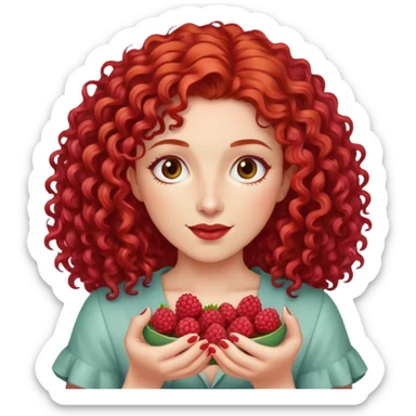 red-haired curly-haired woman holding raspberries in her hands sticker