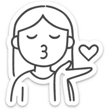 Make this icon of a light-skinned girl with straight, light brown hair blowing a kiss towards the screen even more minimalistic, with fewer lines and simplified features, no background. sticker