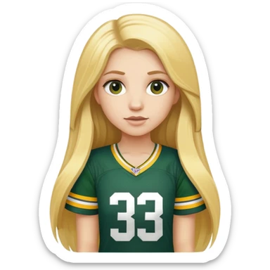 Girl with long blonde hair wearing a packers jersey with 33 on it  sticker