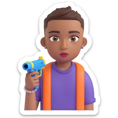 brown-skinned boy with a low taper fade haircut, septum piercing, two eyebrow slits on his left eyebrow, holding a watergun, 3D emoji style sticker
