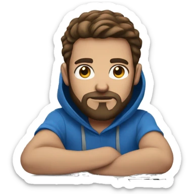 a focused white man, wearing a blue hoodie, with brown hair, black medium beard ,behind a laptop screen sticker