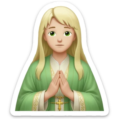a young bishop, green eyes, long blonde hair, light green wide, flowing outer robe. hands clasped together, eyes closed. Soft light, subtle fern. Waist-up, profile. sticker