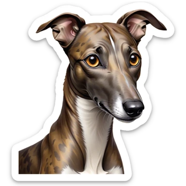 Cinematic Noble Brindle Greyhound Portrait Emoji, Poised and regal, with a slender, aerodynamic build and a refined brindle Fur, deep-set soulful eyes, Simplified yet sharp and sophisticated features, highly detailed, glowing with a soft, dignified glow, high shine, intelligent and agile, stylized with an air of elegance, focused and attentive, soft glowing outline, capturing the essence of a watchful and graceful racer, so majestic it feels as though it could dash out of the screen with effortless authority! sticker