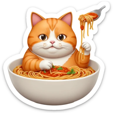 Fat cat eating a big bowl of spaghetti  sticker