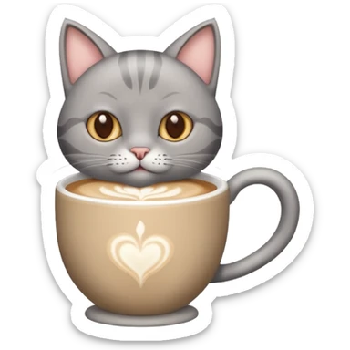 Happy gray Cat holding in its front two paws an hot latte sticker