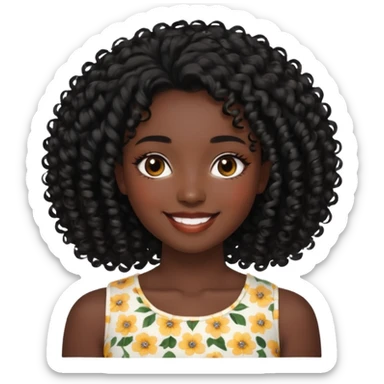 a young woman.She has voluminous, curly black hair that frames her face beautifully. Her skin tone is black light and glowing, and she has a subtle, natural makeup look. She’s smiling softly at the camera. She is wearing a white floral top sticker