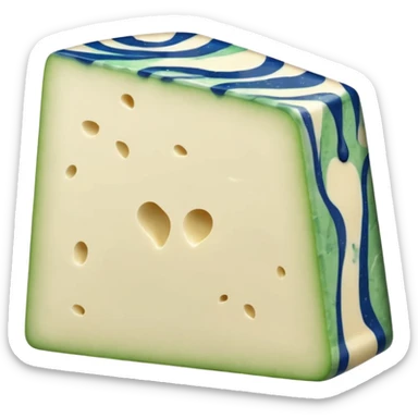 thick moist wedge of gorgonzola cheese, creamy off-white inside with bold blue-green veins, slightly oozing edges, natural beige rind, soft texture, irregular marbling, apple emoji style, soft lighting, subtle shadows, transparent background, emoji scale sticker