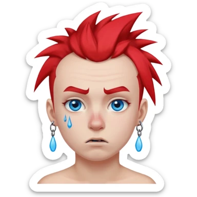 ["Punk youth with red mohawk, tears running down cheeks."] sticker