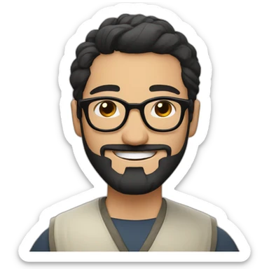 Arabic man, very short black hair, round hipster glasses, dark beard and mustache, round-ish face, brown eyes, beautiful smile, beautiful clothes inspired by japanese samurai sticker