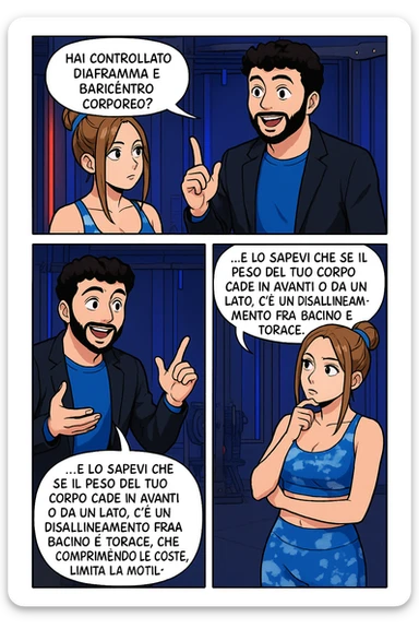 TRASFORMA QUESTO CAROSELLO IN UN FUMETTO STILE WEBTOON/MANGA A COLORI CON QUESTE DUE PERSONE IDENTICHE CHE INTERLOQUISCONO TRA LORO, L'uomo sta spiegando alla donna questo concetto:

LUI (UOMO): Hai controllato diaframma e baricentro corporeo?
LUI (UOMO): Lo sapevi che è il diaframma che contraendosi chiude l’angolo his fra stomaco ed esofago, contenendo la risalita degli acidi grassi?
LUI (UOMO): …e lo sapevi che se il peso del tuo corpo cade in avanti o da un lato, c’è un disallineamento fra bacino e torace, che comprimendo le coste, limita la motilità del diaframma e quindi il contenimento del reflusso? sticker