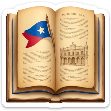 Open vintage book showing detailed stage design sketches, blueprints of theatrical sets, Puerto Rican flag elements woven into the designs, wooden borders, emanating a golden timeless glow sticker