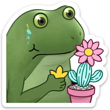 A Frog holding a blooming glitter cactus  sticker