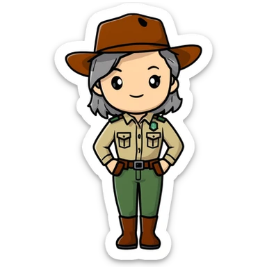 white woman park ranger with brown and gray hair sticker