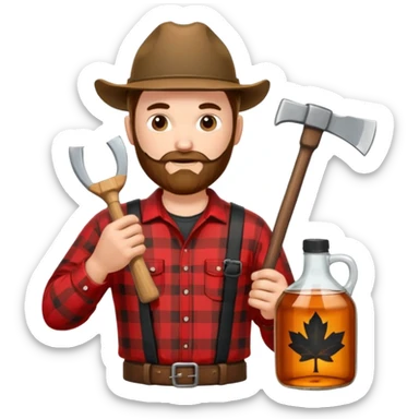 I want a Canadian lumberjack wearing a red and black plaid shirt drinking maple syrup out of the maple syrup bottle and holding a axe in the other sticker