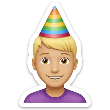 Young man, short yellow hair, rainbow birthday hat, happy sticker
