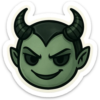 devil emoji in chibi style with gothic palette black and green, elegant horns, sinister smile sticker