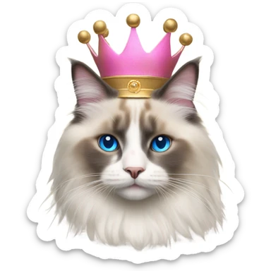 Realistic ragdoll cat with blue eyes wearing pink and gold crown sticker