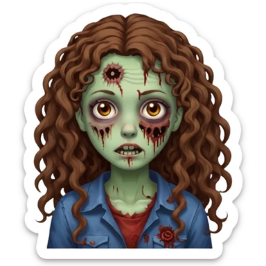 Foto de uma menina com cabelo cacheado longo castanhos, olhos castanhos no estilo zumbi sticker