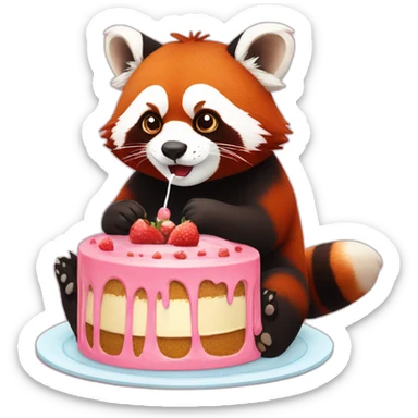 tired red panda sitting and eating cake sticker