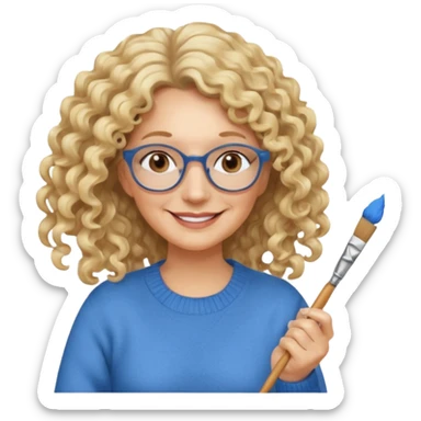 FEMME FRISÉ 60 ANS CHEVEUX BLON FRISÉ LONG SOURIANTE AVEC CHANDAIL BLEU,  YEUX BRUN ET UN PINCEAU À LA MAIN LA MAIN AVEC 5 DOIGT SEULEMENT ET LUNETTE sticker