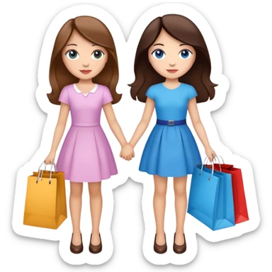 two girls with light skin and brunette hair (with with medium brown hair and blue eyes and one with dark brown hair and dark brown eyes) holding hands, they are best friends, and they are holding shopping bags from fancy boutiques in their other hands  sticker