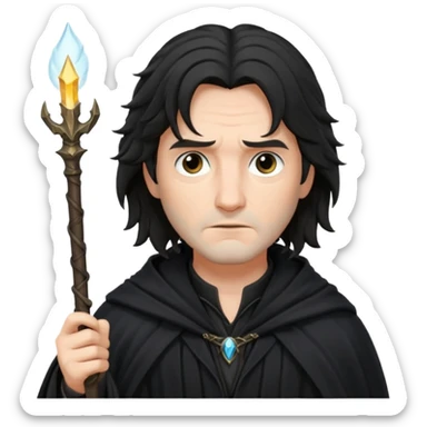 Sirius Black emoji, serious look, long messy hair, wand in hand, dark cloak sticker