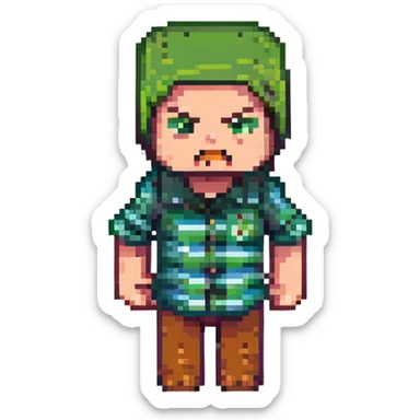 Edit the Minecraft character in the green striped shirt to have an angry expression, keeping the pixel art style and pose the same. sticker