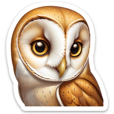 Cinematic Noble Barn Owl Portrait Emoji, Poised and regal, with a slender, graceful build and a striking mottled plumage of whites and browns, deep-set soulful amber eyes, Simplified yet sharp and sophisticated features, highly detailed, glowing with a soft, dignified glow, high shine, intelligent and mysterious, stylized with an air of nocturnal wisdom, focused and attentive, soft glowing outline, capturing the essence of a watchful and confident fowl, so majestic it feels as though it could silently glide out of the screen with effortless authority! sticker