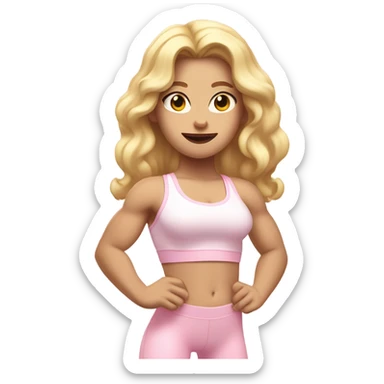 Woman, white skin, pale skin, long hair, blonde hair, wavy hair, baby pink sports bra, baby pink leggings, flexing one arm up sticker
