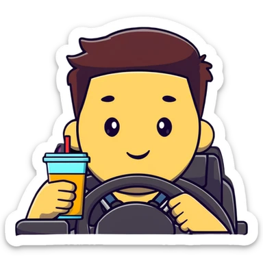 driver with flushed cheeks, one hand on the wheel, the other holding a drink, exaggerated expression sticker