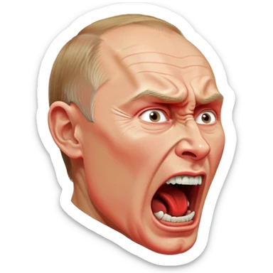 Vladimir Putin face in profile, looking sideways, screaming with intense anger, red face, furious expression sticker