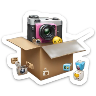 Video Camera, Instagram YouTube icons fly out from the Cardboard box sticker