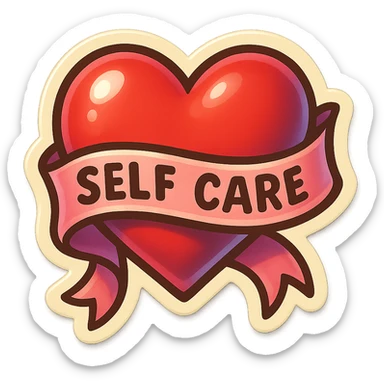 heart wrapped in a soft ribbon, symbol of self-care, retro sticker style, clear contours, shadows and highlights, psychosomatic theme sticker