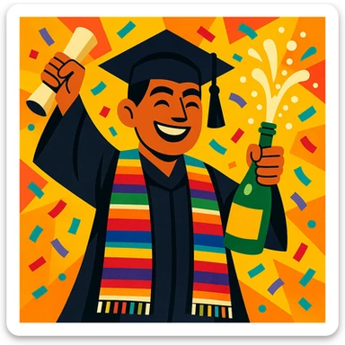 Mexican graduate in traditional graduation attire, confetti all around, champagne bottle bursting, energetic and festive mood sticker