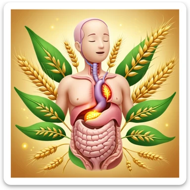 Human digestive system with esophagus, stomach, intestines, and colon highlighted, surrounded by golden wheat ears and green leaves, with glowing healing particles flowing through the digestive tract, creating a purifying effect sticker