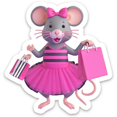 rat with a pink dress and tutu holding a black and white striped shopping bag sticker