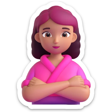 Shy girl character with arms crossed, transparent glass style, bright pink gradient, soft shadows and highlights, minimalist cute design sticker