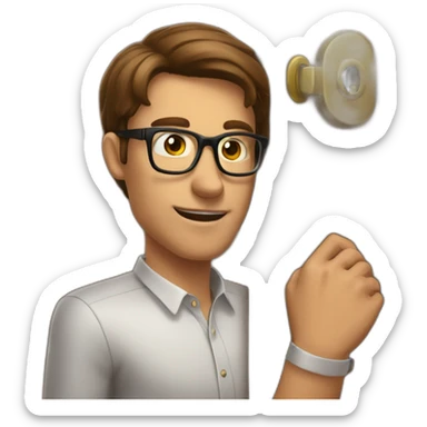 brown-short-haired classy man wearing glasses, struggling to fit a key into a wooden door-lock sticker