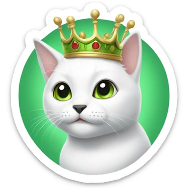 White cat with black spot wearing green crown sticker