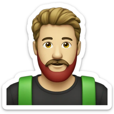 Homme avec barbe coûte et une calvitie  noir très cours avec un t-shirt rouge et un rectangle jaune et vert dessus sticker