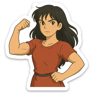 ghibli style strong girl with brown eyes, long slightly wavy black hair sticker