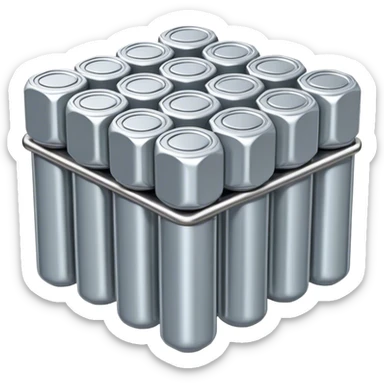 A bundle of uranium fuel rods used in a nuclear reactor, with a metallic silver or gray structure and cylindrical rods, arranged in a hexagonal grid, realistic and industrial style, no green color, only metallic shades. sticker