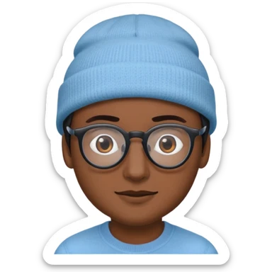 A person emoji with medium-dark skin, wearing a light blue beanie and black-framed glasses, with brown eyes, dark eyebrows, a small nose, and a subtle smile on a clean-shaven face. sticker