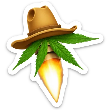 Marijuana leaf riding a rocket with a cowboy hat on sticker