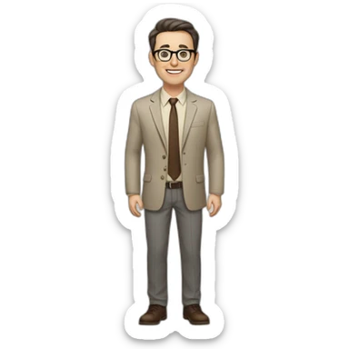 Full height Actively gesturing with hands Pale skinned fit man with dark brown hair in gray jacket, beige office shirt, brown tie, brown pants and vintage glasses. sticker
