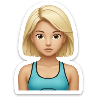 sporty girl with dyed blonde hair and dark roots, fitted athletic top, hair loose but well-groomed, looks like fitness instructor sticker