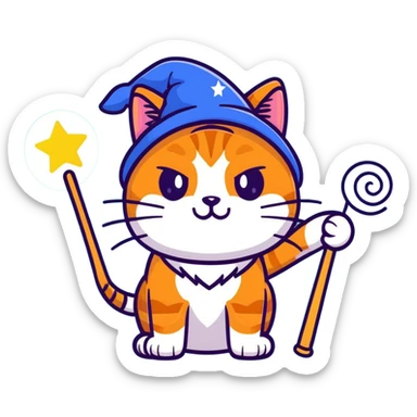 Cute orange tabby cat with a blue wizard hat and a glowing magic wand sticker