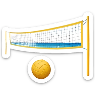 The scene captures the relaxed yet competitive vibe of beach volleyball, with warm sunlight and the natural beauty of the beach. A volleyball resting on the yellow sand on a beach, with the net in the background and a scenic view of the ocean and sky.  sticker