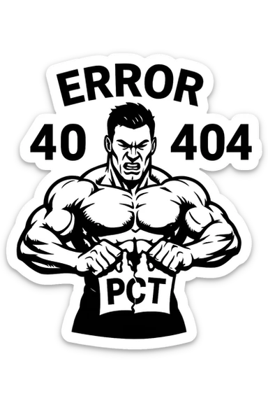 bodybuilder che strappa un foglio con la scritta "PCT" INTORNO A LUI FLUTTUA LA PAROLA "ERROR 404" sticker
